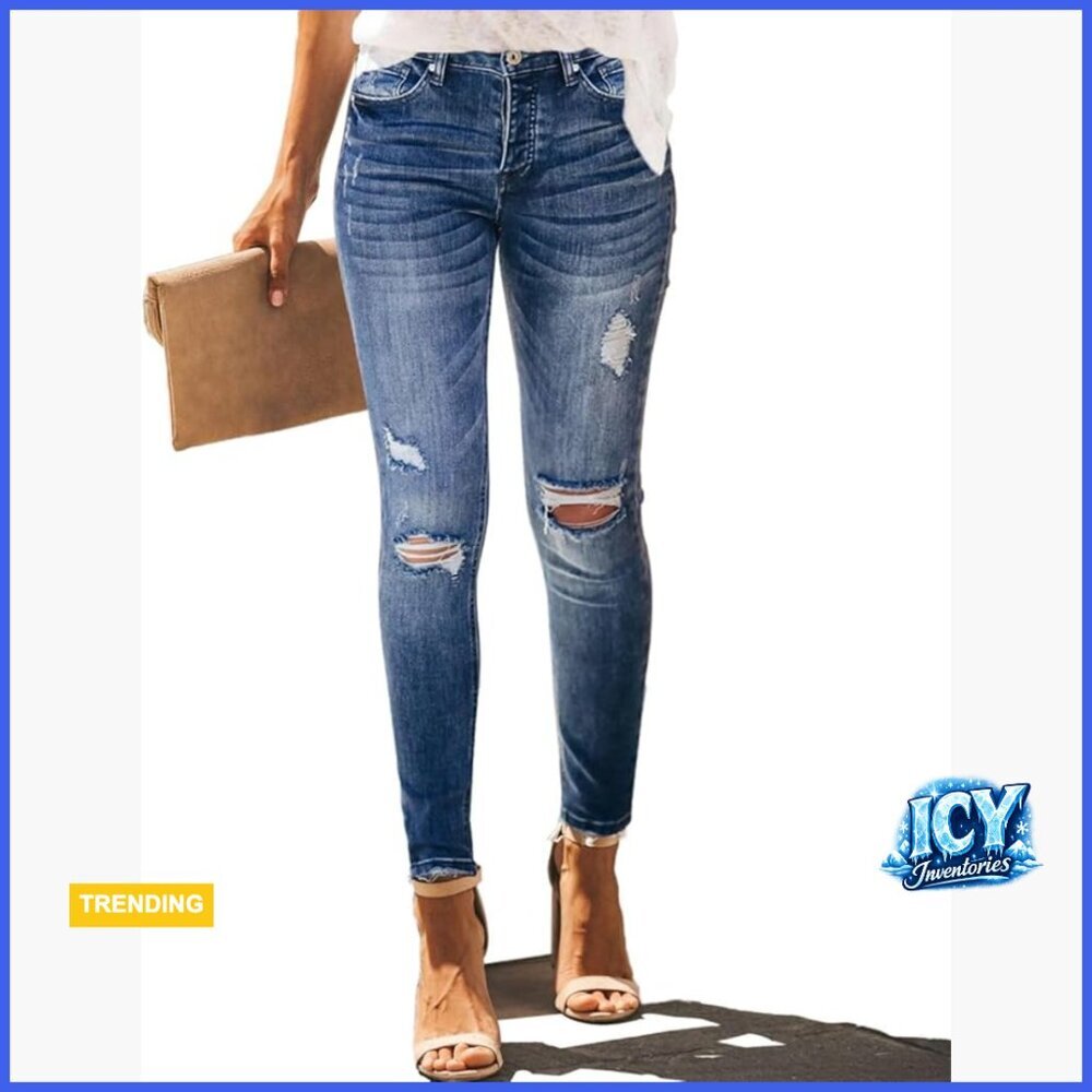 High Rise Skinny Stretch Ripped Jeans High Waisted Destroyed Denim Pants